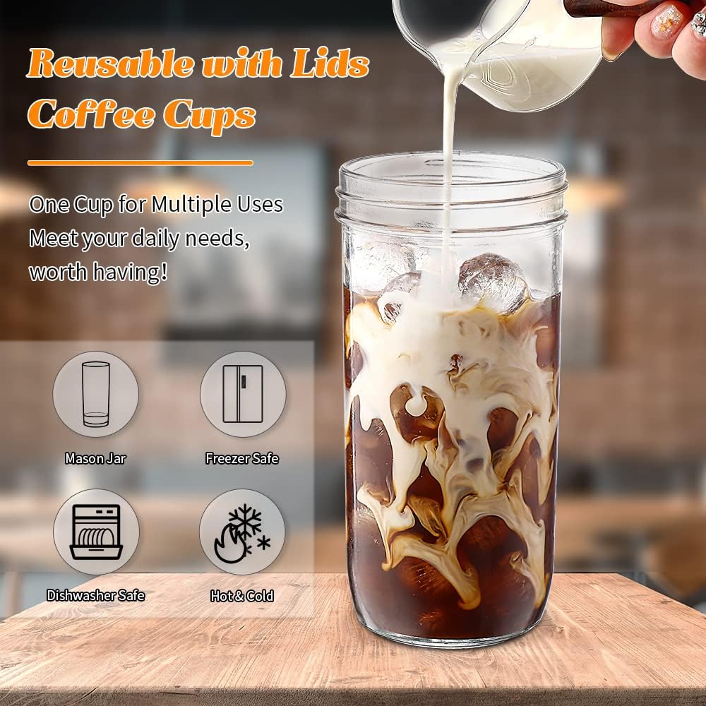 DWTS DANWEITESI Glass Cups with Lids and Straws,24 oz Smoothie Cup with Lid and Straw-Boba Mason Jar,Matcha Cup Wide Mouth Reusable Drinking Glasses,Iced Coffee Cups Glass,Vasos De Vidrio【4 Pack】