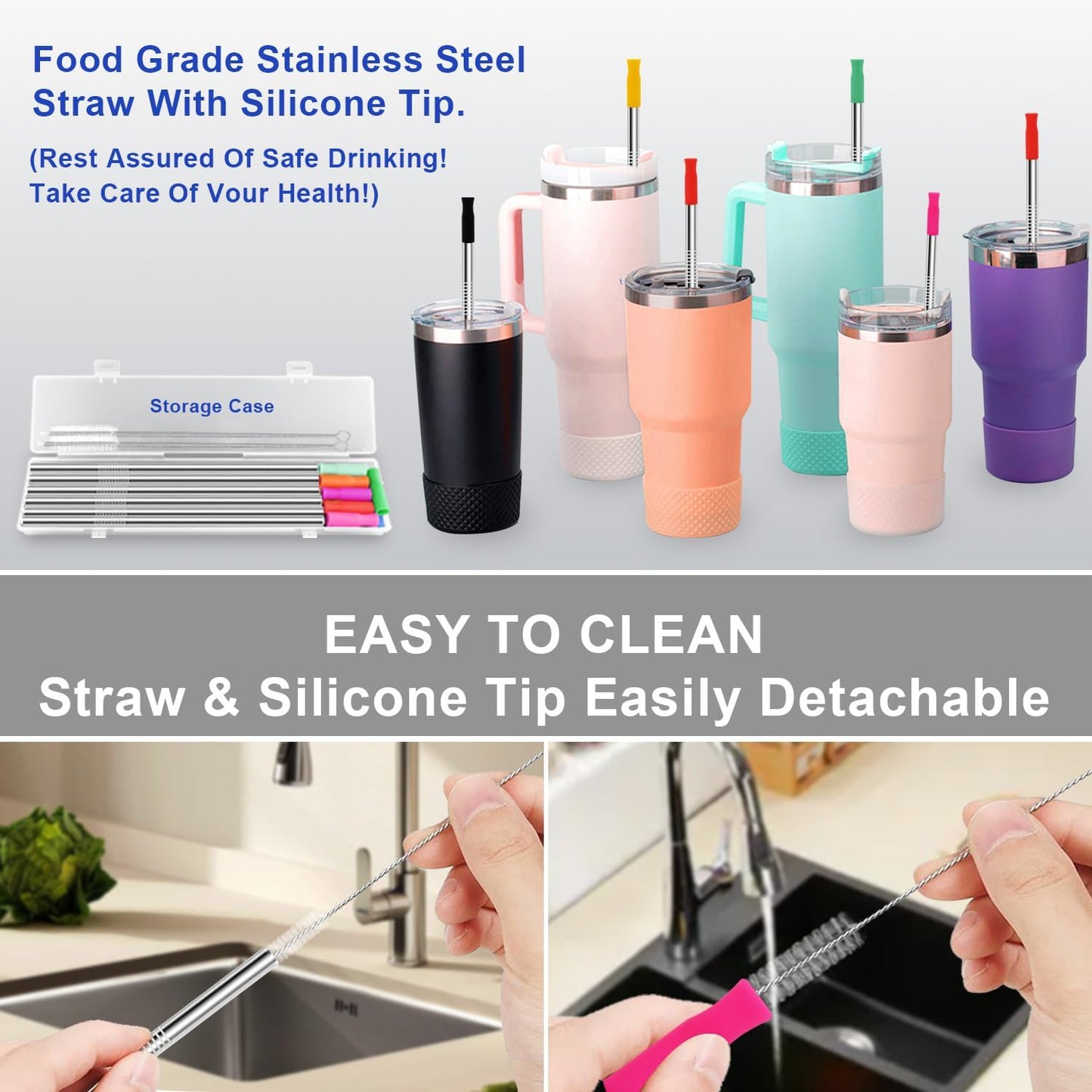 Reusable Stainless Steel Straws Set 6 PCS with 6 Silicone Tips, 2 Straw Brush, 1 Storage Case, Different Sizes of Metal Straws Reusable, Suitable for 14, 20, 30 oz Cups Tumbler, for Hot/Cold Drinks