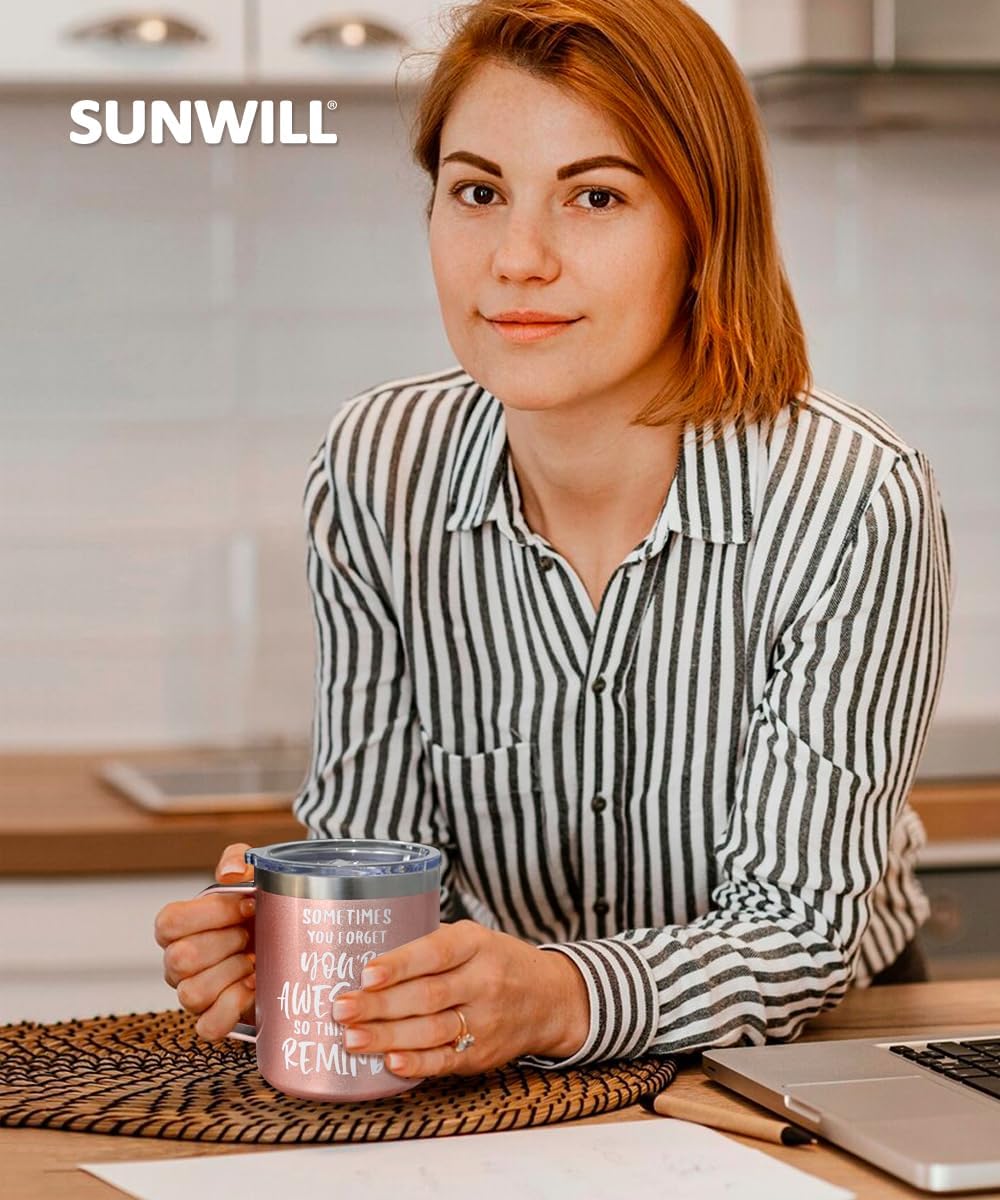 SUNWILL Travel Coffee Mug with Lid, Insulated Tumbler with Handle, 14 oz Stainless Steel Cup for Ice, Water, Tea, Rose Gold