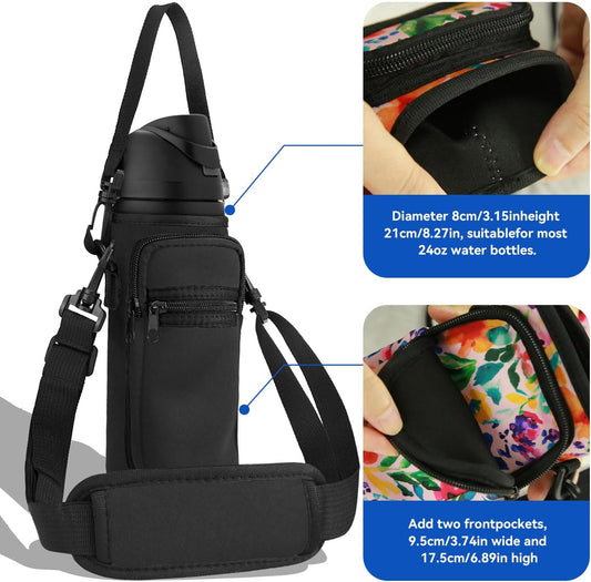 Neoprene Water Bottle Holder Bag with Cell Phone Pocket Compatible with Owala FreeSip 24 oz,Water Bottle Carrying Bag ,with Adjustable Shoulder Strap,for 24oz Stainless Steel Water Bottle