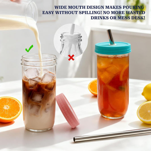 4 Pack Reusable Boba Cup 22OZ Wide Mouth Mason Jar Glass Cup - Iced Coffee & Smoothie Cups with Lids and Straws for Drinking Liquid, Milkshake, Boba & Matcha Tea