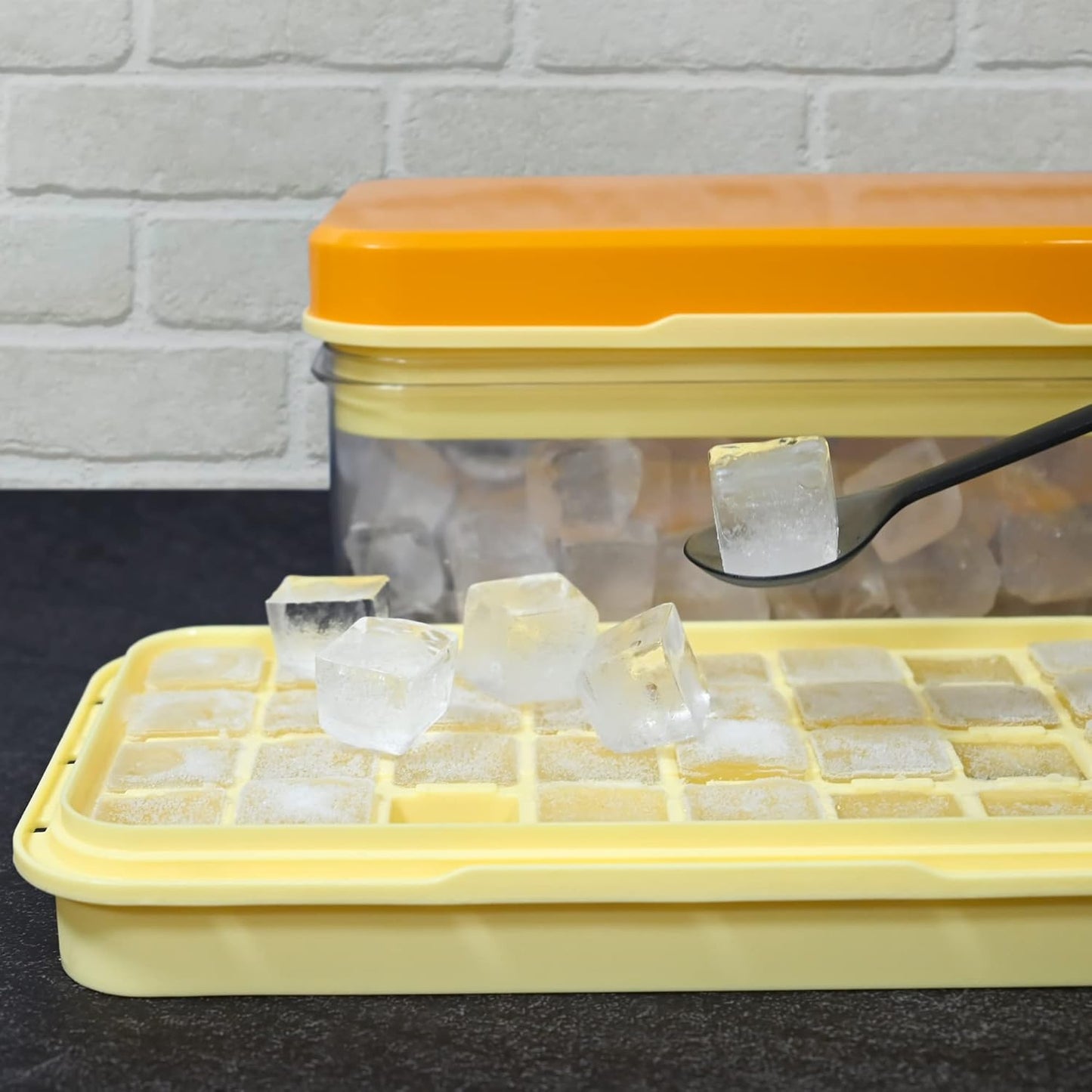 Ice Trays for Freezer with Lid & Bin, Ice Cube Tray Making 64 pcs Ice Cubes, Easy Press to Release Ice, Ice Tray with Storage Bin Chilling Cocktail Whiskey Coffee 2 Trays 1 Ice Bucket & Scoop (Black)