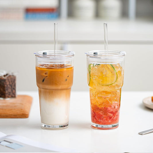 SoulTimes 20oz Glass Cups with Lids and Straws, Ribbed Glass Tumbler for Iced Coffee, Smoothie, Juice & Cold Drinks, Reusable Thick Glassware Set, Elegant Home & Travel Drinkware【2 Pack】