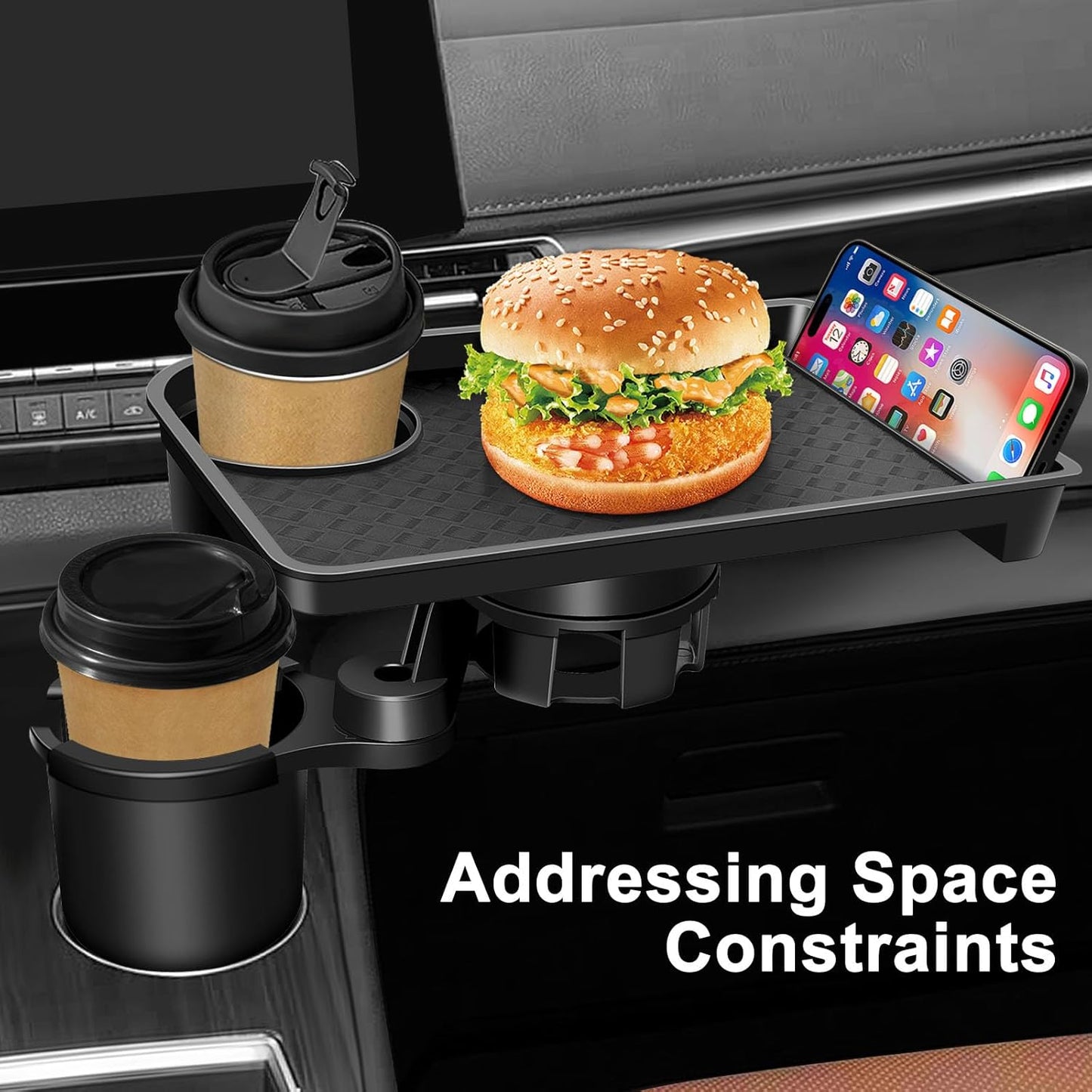 JPart Car Cup Holder Tray, Cup Holder Expander, 2 in 1 Detachable Car Food Tray with 360°Rotation Tray for Eating, Storage and Travel Road Essentials, Black