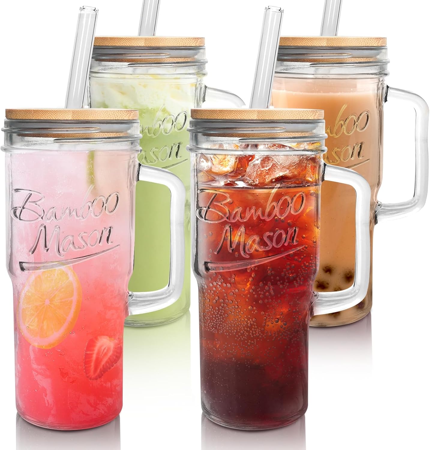 ANOTION Bamboo Mason Leakproof Mason Jar Cups with Lids and Straws, Cap Cup 24oz Glass Tumbler with Handle, Rotating Lid Silicone Straw, Reusable Iced Coffee Matcha Cup Coffee Gifts for Women 2pc