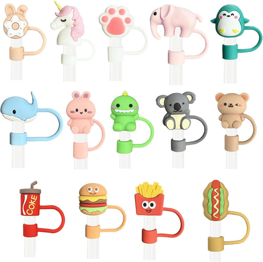14Pcs Tumbler Straw Covers with Storage Case,10mm 0.4 in Cute Animals Reusable Straw Toppers for 30&40 oz Stanley Cup Accessories,Food Silicone Straws Cover(14 Pcs)
