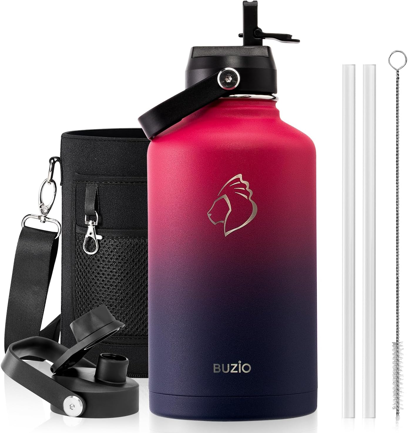 BUZIO 40oz Insulated Water Bottle, Triple Wall Vacuum Stainless Steel Water Flask with 2 lids, Lead-Free BPA-Free Straw Lid Sports Canteen Jug, Cold 48H & Hot 24H- Black - Colors B