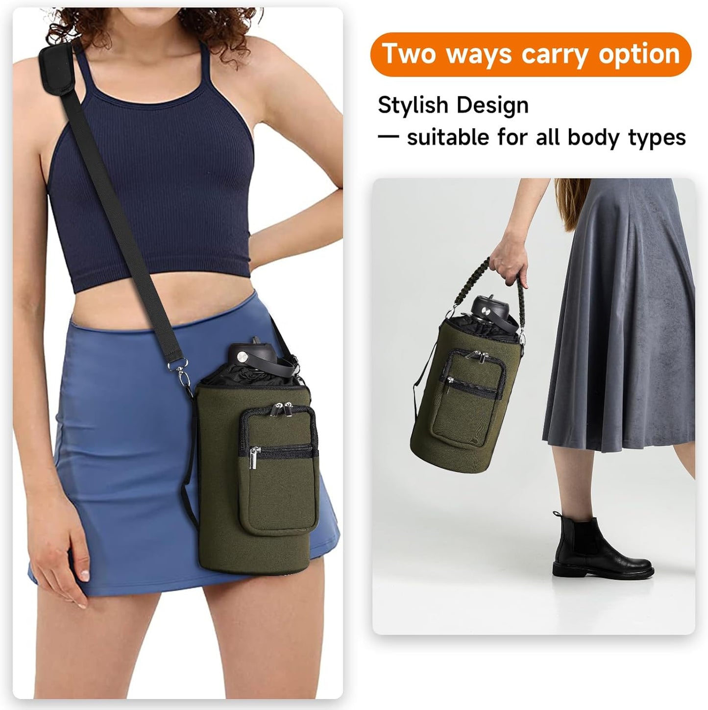 AceTreker 32/40/64/128 oz Neoprene Insulated Water Bottle Carrier Bag, Sling Bag Sleeve Pouch Holder with Strap & Paracord Handle and 2 Pocket for Travelling, Hiking, Camping