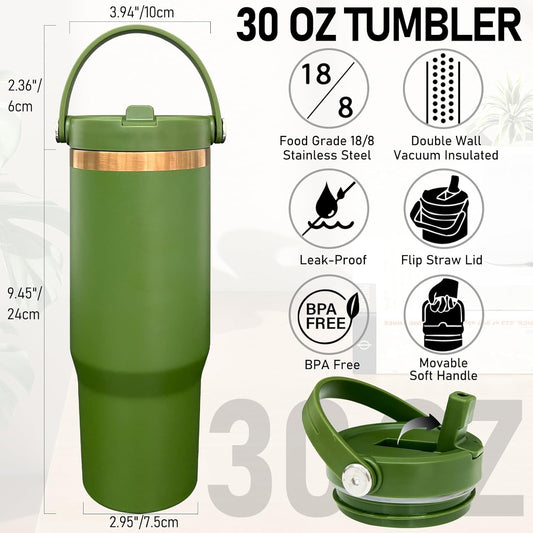 30 oz Tumbler Bulk with Handle and Straw, Vacuum Insulated Tumblers with Flip Straw and Top Handle, Leakproof Powder Coated Tumbler, Stainless Steel Travel Mug for Coffee (Black, 1 Pack)