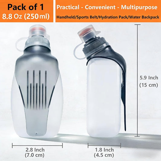 Running Water Bottle with Clip, 8.8oz No-Bounce Soft Flask, Dust-Proof Cap, BPA-Free, Fits Running Belts & Hydration Vests — for Jogging, Walking, Hiking, Cycling (1 Pack)
