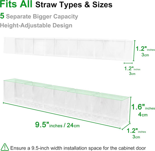 Acrylic Straw Holder for Cabinet Door 9.5”- Transparent Reusable Tumbler Straw Organizer Storage, Clear Small Kitchen Organization Accessories Container Rack, Ultra Sticky Cupboard Door Mounted
