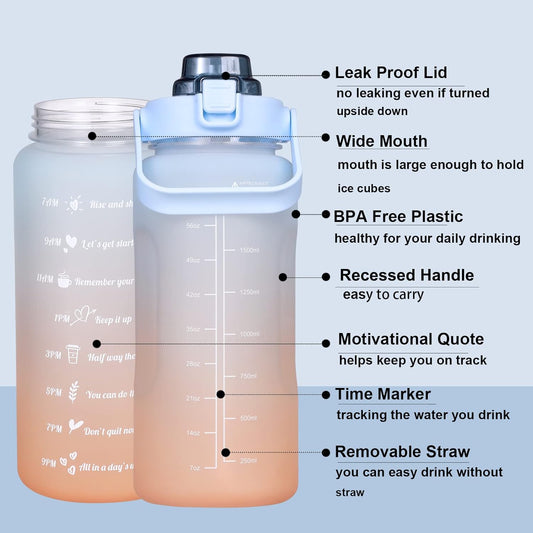 Large Motivational Water Bottle with Straw Time Marker BPA Free for Sport and Fitness (Pink Blue, 64 Oz / Half Gallon)
