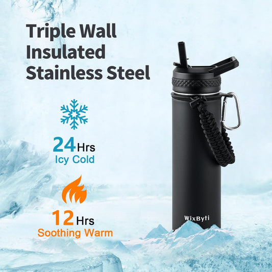 WixByti 40 oz Insulated Water Bottle with Straw (Cold for 36 Hrs), Stainless Steel Triple Wall Vacuum Sports Water Jug, Leakproof Hydro Cup Flask with Paracord Handle & Straw Spout Lids & DIY Stickers