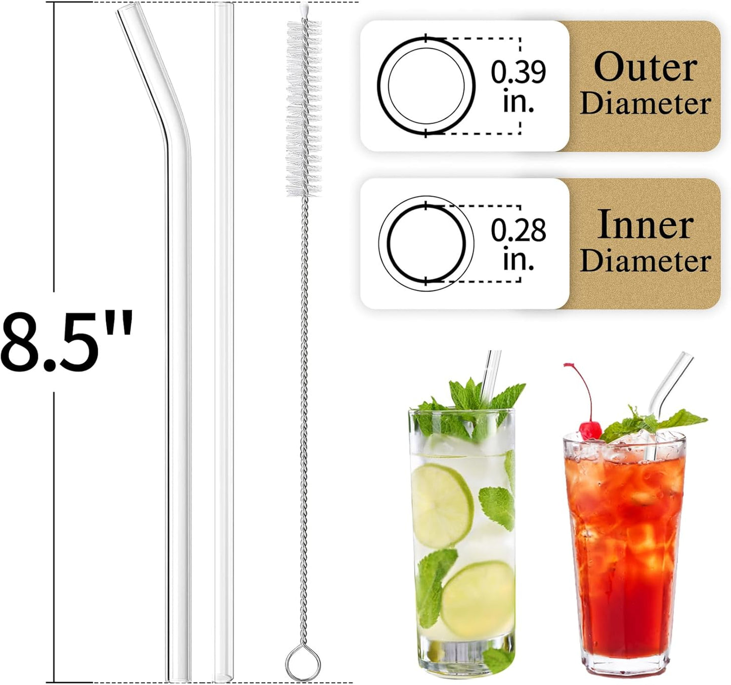 Piteno® 12Pcs Glass Straws with 4Pcs Brushes, Reusable Clear Glass Drinking Straws, 8.5''x10MM, Set of 6 Straight and 6 Bent with 4 Cleaning Brushes, Perfect for Smoothies, Milkshakes, Juice, Tea