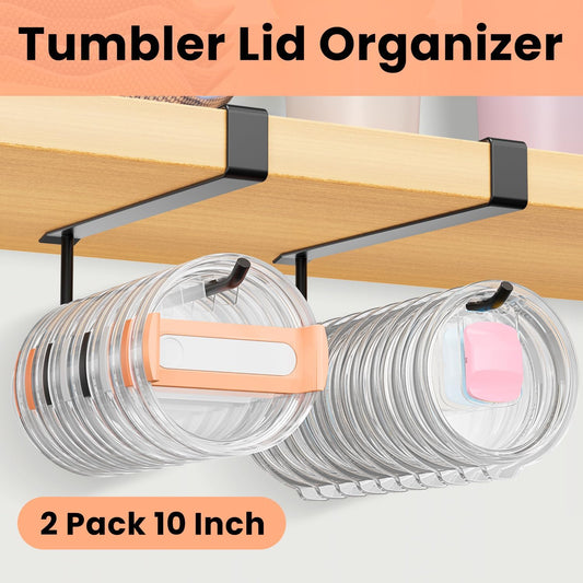 2 Pack Tumbler Lid Organizer, Under Cabinet Cup Lid Holder for Yeti Insulated Mug/Stanley Insulated Mug/Simple Modern Insulated Mug Lid, No Gluing, No Drilling, Up to 10 Lids (Black)