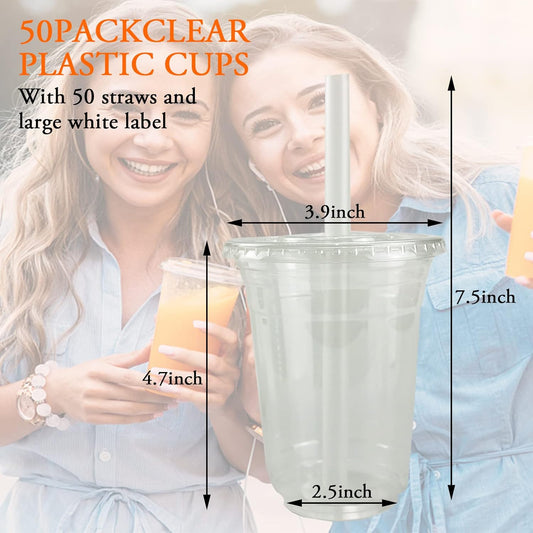 50 Sets Clear Plastic Cups With Flat Lids,16oz Disposable Iced Coffee Cups with Straws and Stickers,Plastic Cups for Iced Coffee,Cold Drinks,Juice, Bubble Boba Tea,Smoothie, Milkshake