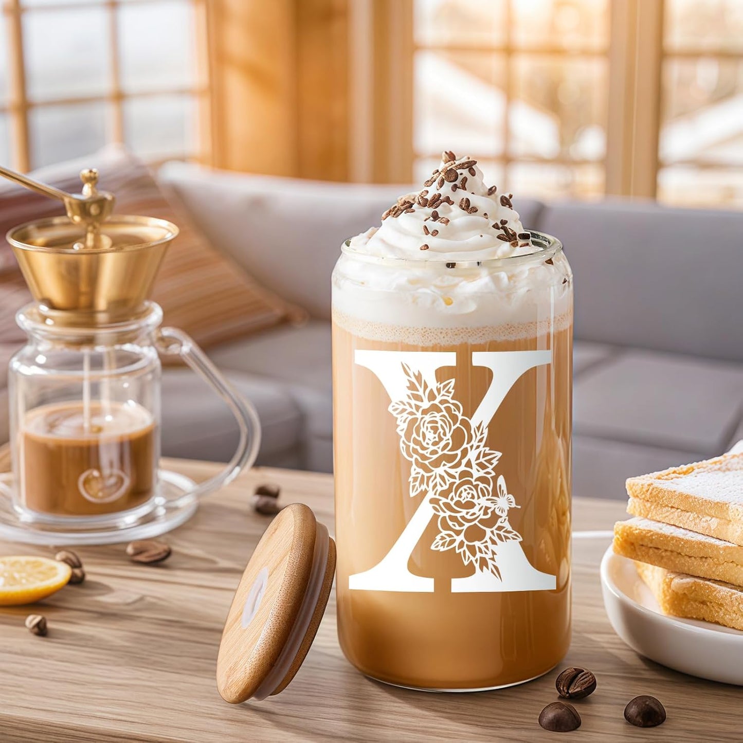 Glass Cups with Lids and Straws: Personalized Initial Glass Cup Be Used As Reusable Iced Coffee Cups with Lids,Cute Matcha Tumbler - The Christmas/Birthday Gifts for Women - M Smoothie Cup