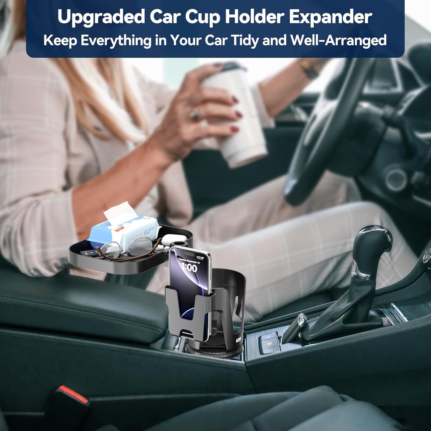 KDD Car Cup Holder Expander - 3 in 1 Cup Holder Adapter with Adjustable Base - Detachable Phone Holder & 360° Rotation Food Tray for Car - Compatible with Vehicles, Car, Road Trip Essentials