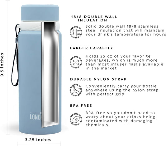 London Sip 25 oz Multi-Function Travel Mug and Tumbler Tea Infuser Water Bottle Fruit Infuser Flask Hot and Cold Double Wall Stainless Steel Coffee Thermos, Cosmic Silver