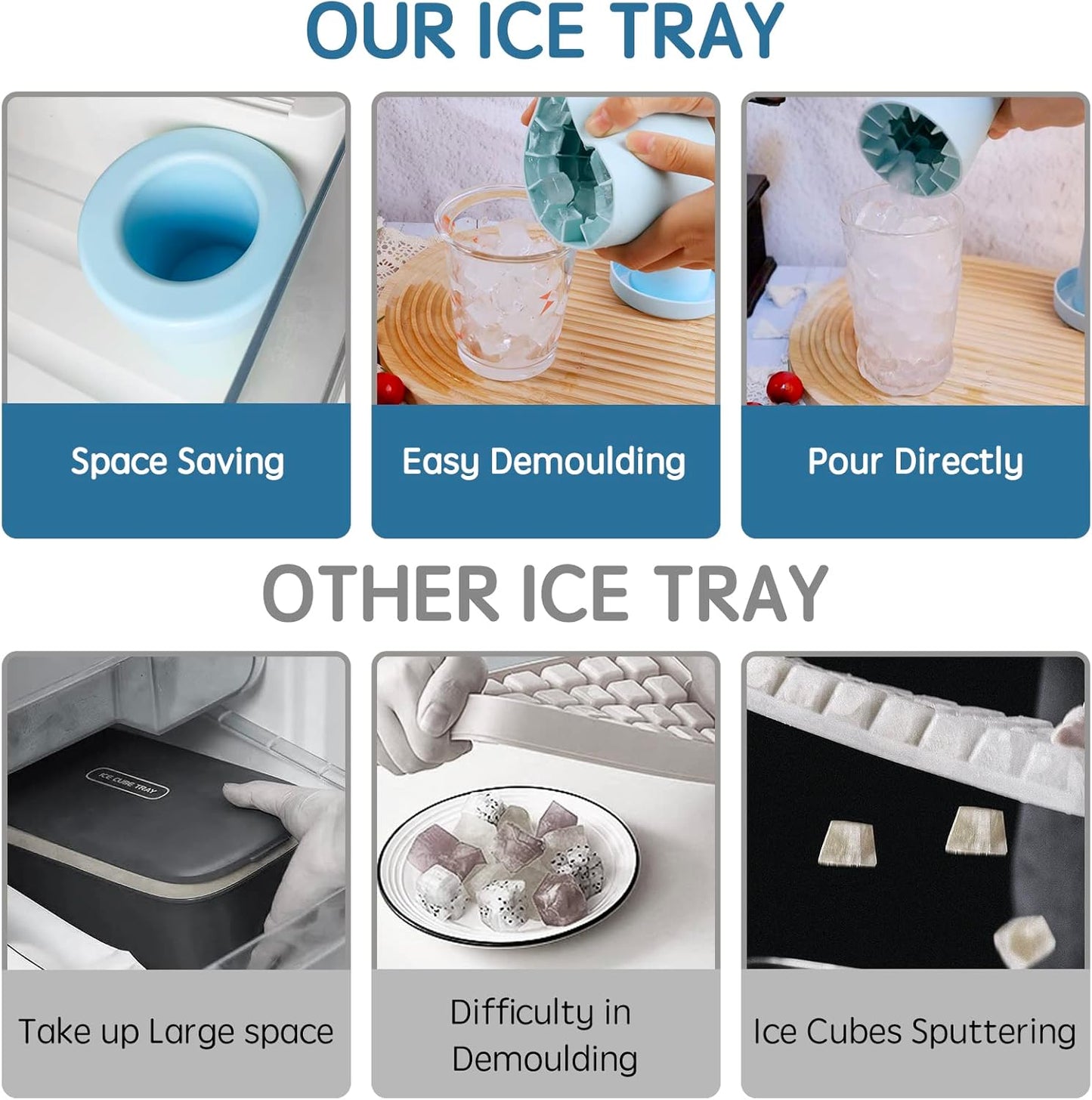 Small Ice Maker Cup, Cylinder Silicone Ice Cube Molds, Mini Ice Maker Cube Tray, Decompress Ice Lattice Ice Cube Trays for freezer, 60 Ice Cubes, Easy-Release 2Pcs