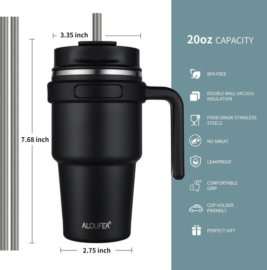 20 oz Insulated Coffee Mug Tumbler with Handle, Stainless Steel Travel Mug Tumbler with Lid and Straw,Double Wall Vacuum Leak Proof Ice Coffee Thermal Cup, Black