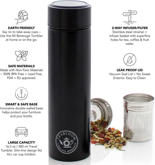 Teabloom - The ORIGINAL All-Brew Travel Tumbler & Thermos | OPRAH’s Favorite | 16oz/480ml Stainless Steel Insulated Water Bottle/Tea Flask/Cold Brew Coffee Mug