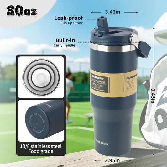 30oz Flip Straw Insulated Water Bottle with Handle, Leak Proof Stainless Steel Travel Tumbler With Lid, Double Wall Vacuum Iced Coffee Travel Mug, Sport Cup, Outside use