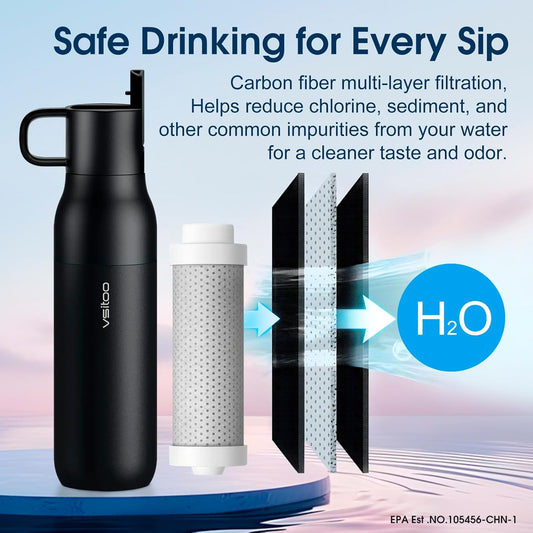 VSITOO 25oz Insulated Stainless Steel Filtered Water Bottle for Travel and Everyday Use,5-Stage 0.01μm Ultra-strong Filtration,Reusable,Improves Taste,for Hiking, Cycling, Gym & Outdoor Use,Black