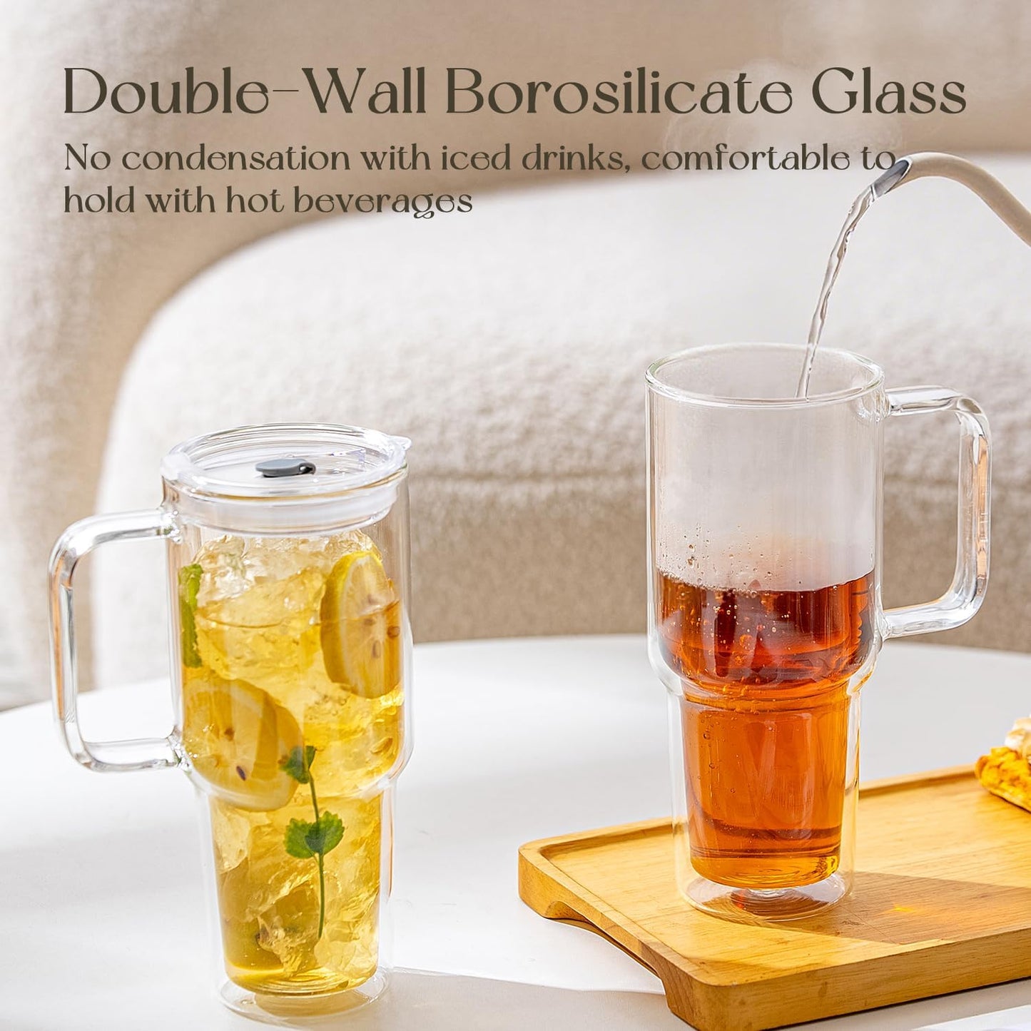 KEMORELA 2 Pack 28oz Double Wall Glass Tumblers with Handle, Lids & Straws – Large Insulated Clear Glass Coffee Cups for Iced Coffee, Matcha, Smoothies, Bubble Tea & Cold Drinks