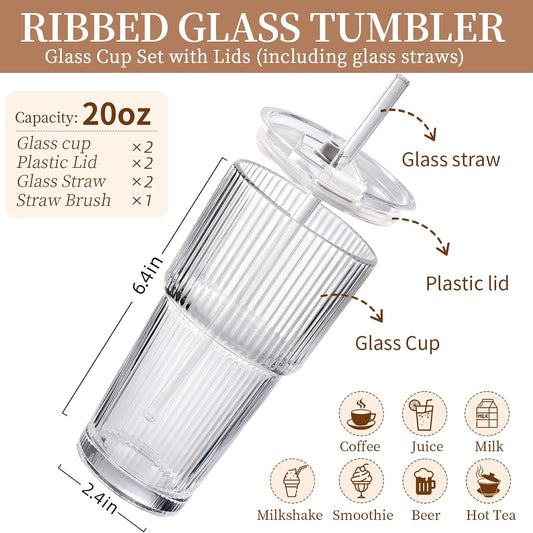 20oz Ribbed Glass Tumbler with Straw and Lid,2 Pcs Vintage Iced Coffee Cups