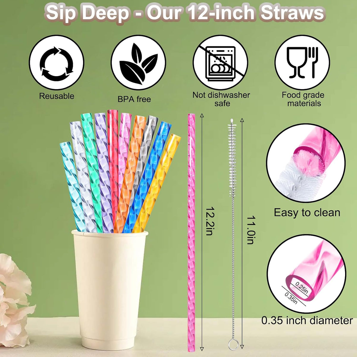 Reusable Straws for Stanley Cup Replacement,12 Inch Plastic Long Straw for 40 30 oz Tumbler,Colorful Hard Drinking Straws for Stanley,10mm Large Wide Water Bottle Straw for Stanley Cup Accessories