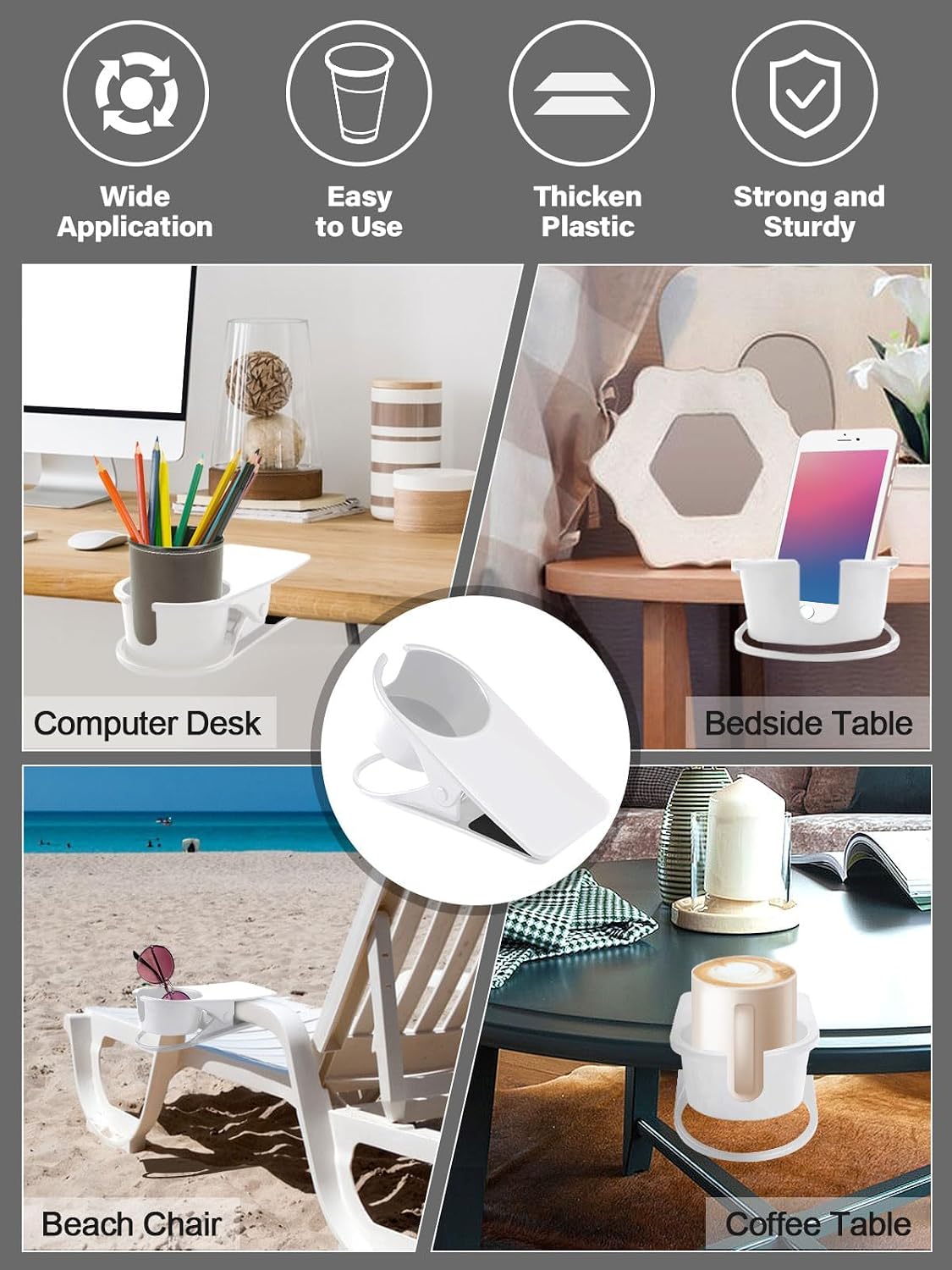 Clip on Drink Holder for Beach Chair, Desk Cup Holder with Groove | Drink Clamp Mug Cup Stand Coffee Water Bottle Cup Clip, Versatile Table Cup Holders for Home, Office, School (Gray)