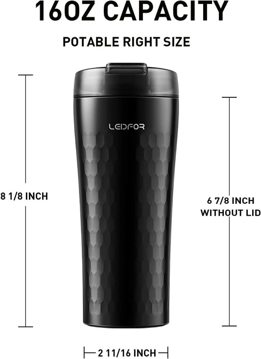 Coffee Travel Mug Tumbler Thermal Cup Vacuum Insulated Stainless Steel Leakproof Lid Keep Hot Cold 16-Ounce Black