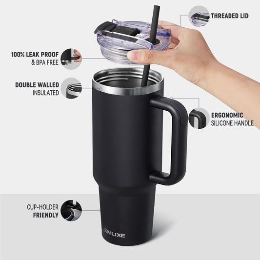 40 oz Tumbler with Handle and Straw Lid,Insulated Reusable Stainless Steel Water Bottle Travel Mug,Cupholder Friendly Double Wall Vacuum Sealed Cup (Black)