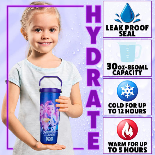 KPop Demon Hunters 30oz Tumbler with Straw and Handle for Girls, Teens, Insulated Stainless Steel Travel Mug, Gifts for Girls