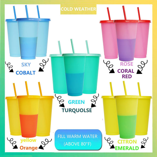 Color Changing Cups, 5 Pack 24oz Plastic Tumblers, Reusable Iced Coffee & Smoothie Cups with Lids and Straws for Parties and Travel