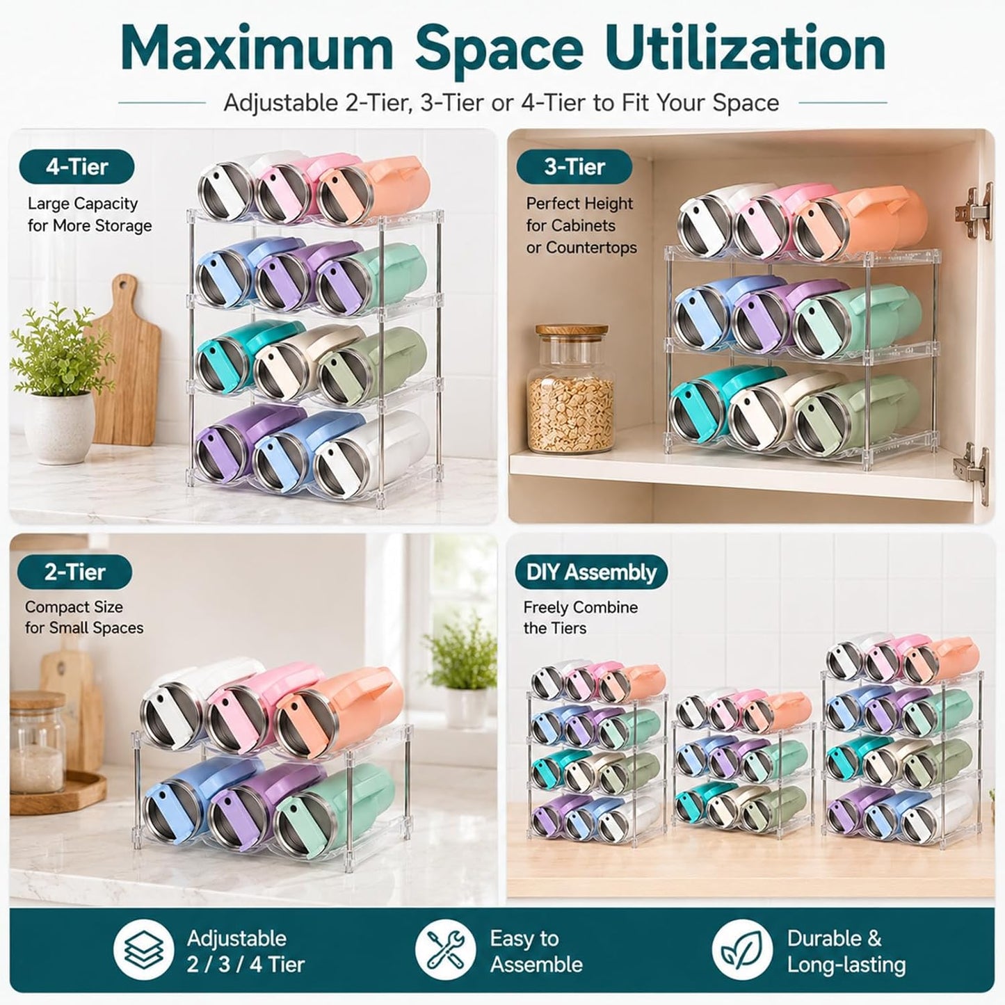 Stackable Water Bottle Organizer for Stanley 40 oz Tumbler, Large Compartment Water Bottle Holder for Cabinet, Clear Tumbler Organizer for Kitchen Countertop Pantry, 4 Pack