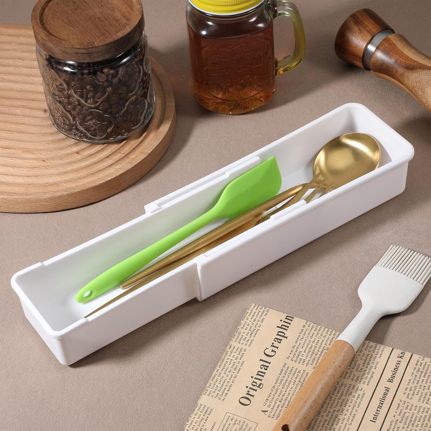 Straw Organizer Drawer Straw Holder Expandable Straws Storage for Cabinet Reusable Long Straws Drawers Organizer Fits for 60oz Long Kitchen Drawer Organizers for Utensils White