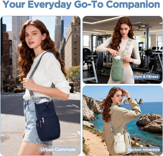 Crossbody Water Bottle Bag for Women, Lightweight Insulated Water Bottle Carrier with Phone Pocket, Secure &Hands-Free for Walking, Travel, Outdoor (Up to 40oz) Antique Green