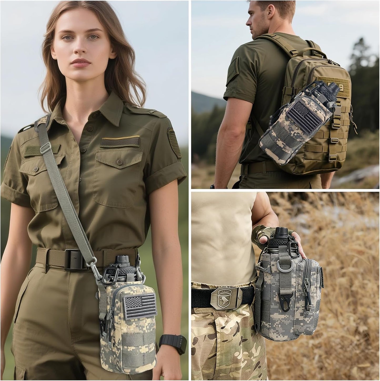 Water Bottle Holder with Strap - Tactical Insulated Water Bottle Sleeve with MOLLE System Water Bottle Cover Cross-Body Pouch for Walking Hiking Camping Gym 32oz&40oz