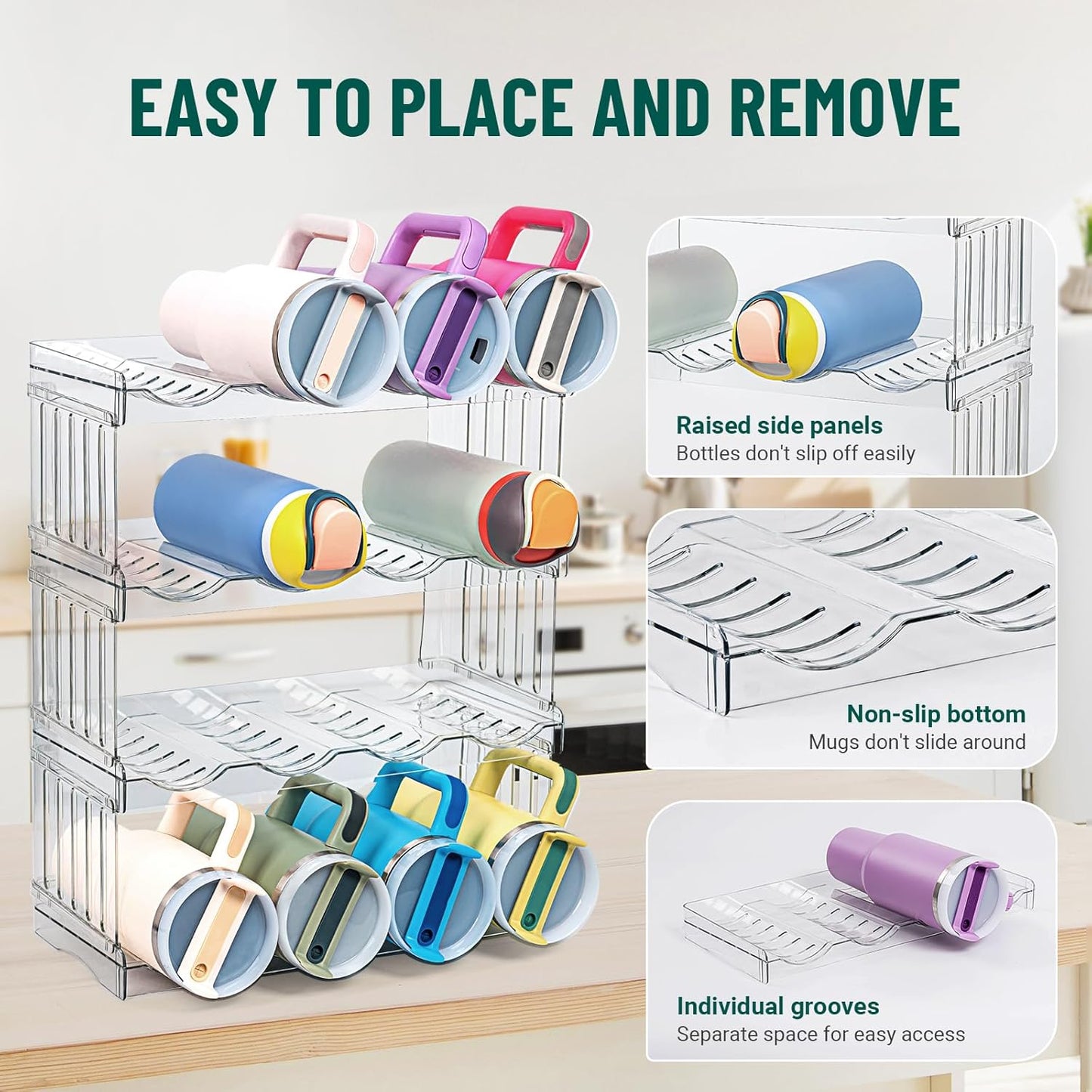 Water Bottle Organizer for Full Stanley 40 oz Tumbler with Handle, Cabinet Kitchen Pantry Organizers and Storage for Owala Stanley Cup Accessories Holder, Patented Stackable Tumbler Organizer Gifts