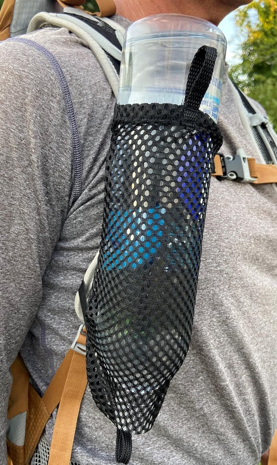 Water Bottle Holder for Backpack Shoulder Strap - Ulttalight 0.7 Ounces, Fits 1L Smartwater, Durabl Mesh, Snap Hook Mount Backpack Attachment