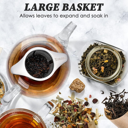 Extra Fine 18/8 Stainless Steel Tea Infuser Mesh Strainer with Large Capacity & Perfect Size Double Handles for Hanging on Teapots, Mugs, Cups to Steep Loose Leaf Tea and Coffee