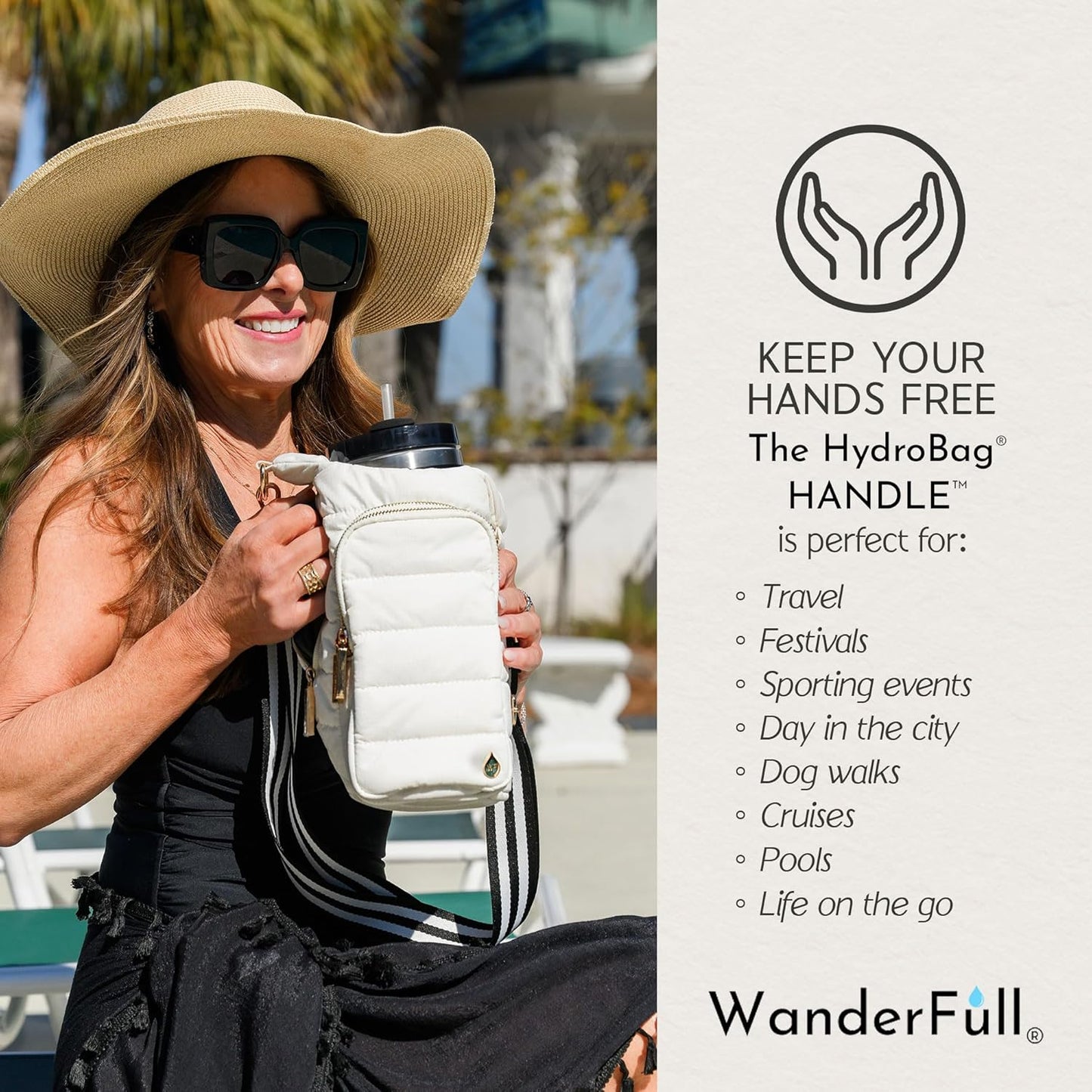 WanderFull Original HydroBag Handle® Zipper Slot for Handle, Hands-Free Crossbody Water Bottle Holder & Tumbler Accessories
