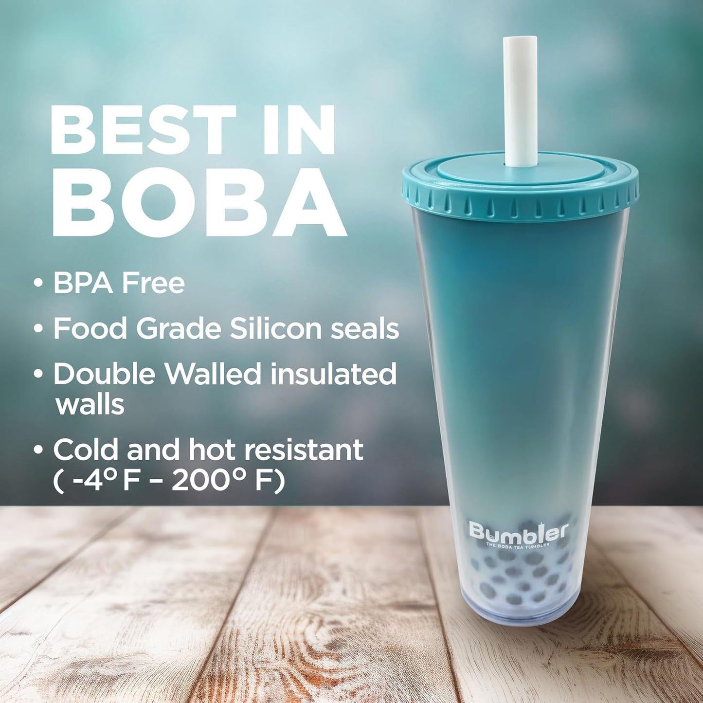 Bumbler Original Boba Tea Cup - 24oz Double-Walled Plastic Reusable Tumbler with Extra Wide Straw & Leak-Proof Lid - BPA-Free Smoothie & Iced Coffee Travel Mug - Blush Pink