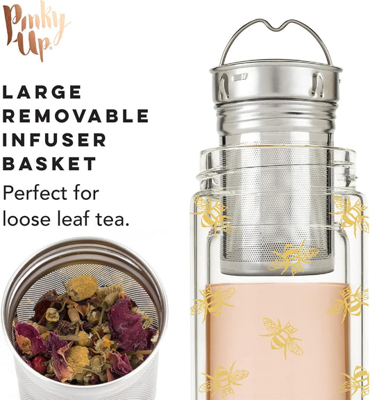 Pinky Up Blair Travel Tea Infuser Mug, Double Walled Insulated Travel Tumbler with Loose Leaf Tea Strainer, Travel Coffee Mug, Keeps Drinks Hot or Cold, 16 oz, White Leaf