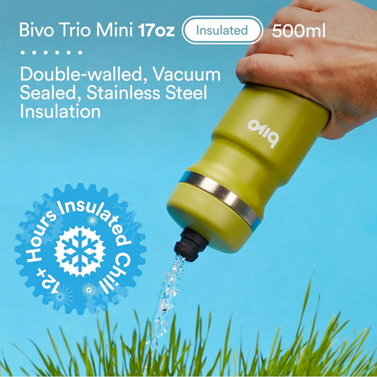 bivo Trio Mini 17oz Insulated Stainless Steel Bike Water Bottle - for Cycling - Compact, Fits Most Cages, Dishwasher Safe, High Flow Sports Nozzle - Keeps Drinks Cold 12+ Hours - (Raw)