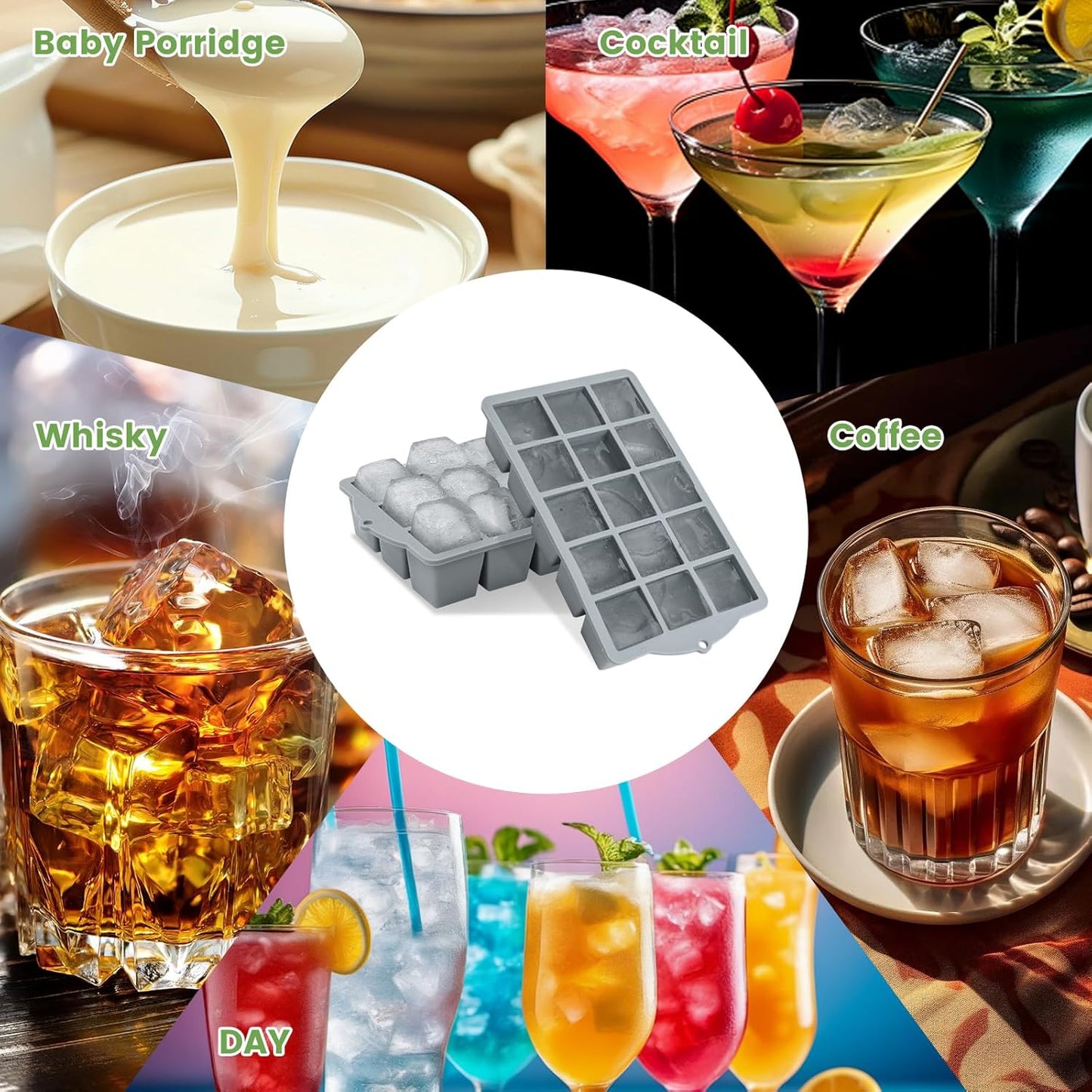 Silicone Ice Cube Tray, 2 Pack Easy-Release Stackable Ice Trays for Freezer with Lid 15 Reusable Cubes, Food Grade BPA Free Ice Molds for Whiskey, Baby Food, Coffee, Cocktail, Drinks (Blue)