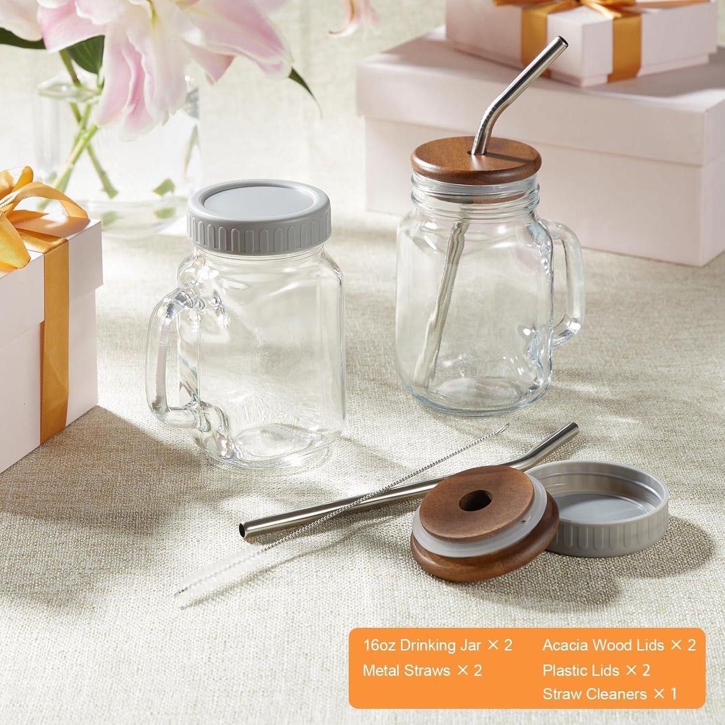 DRASTAR Iced Coffee Cup, 16 oz Mason Jar Cups with Handle, Small Glass Coffee Mugs with Straws and Acacia Lids, Drinking Glass Cups Set of 2, Smoothie, Overnight Oats Containers