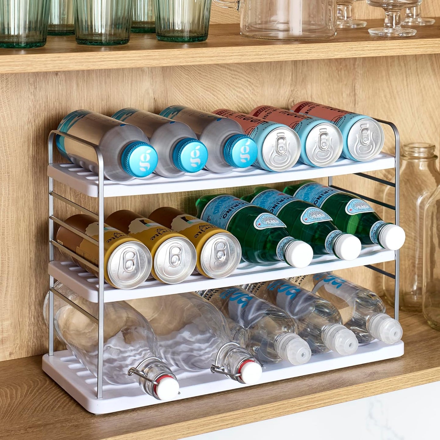 YouCopia UpSpace Water Bottle and Travel Mug Cabinet Organizer, Adjustable Storage Rack for Kitchen Organization, 3-Shelf